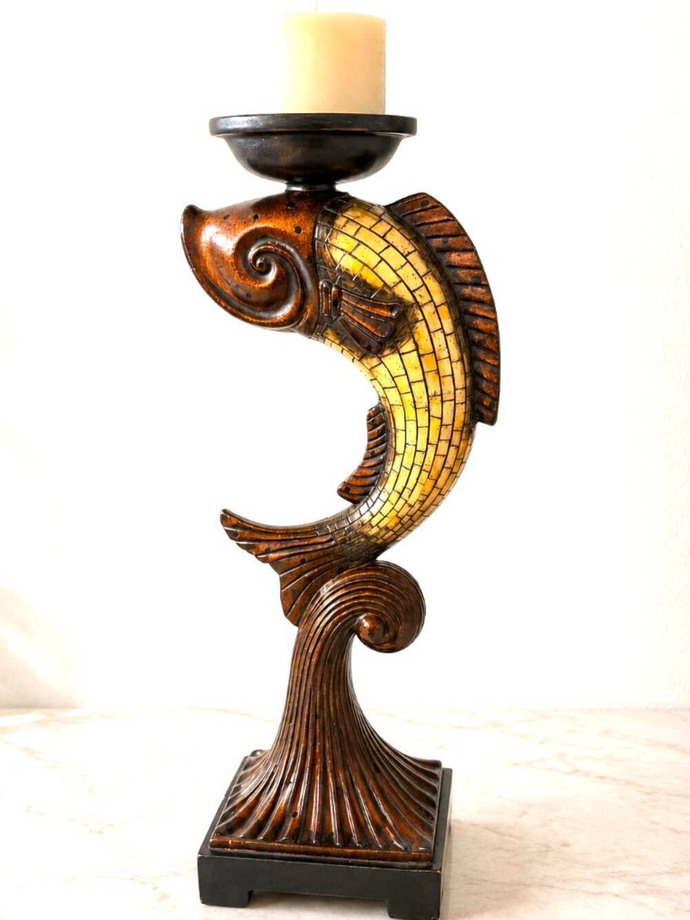 Hand Carved Wood Fish Candle Holder Mosaic Coastal Nautical Decor 19.5"